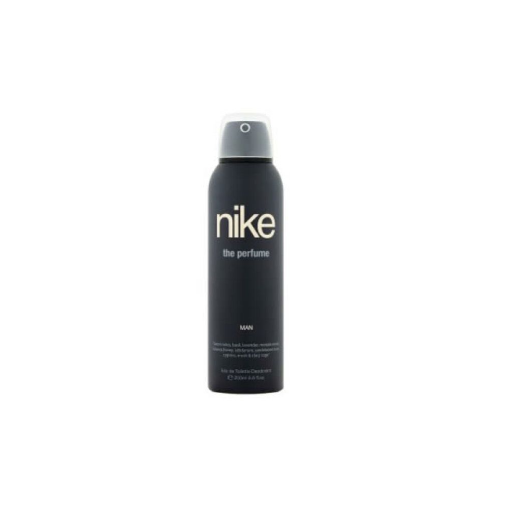 Schwarze Deodorant-Spraydose mit weißem "nike the perfume"-Logo. Text: "MAN", Inhaltsstoffe, "Eau de Toilette Deodorant".