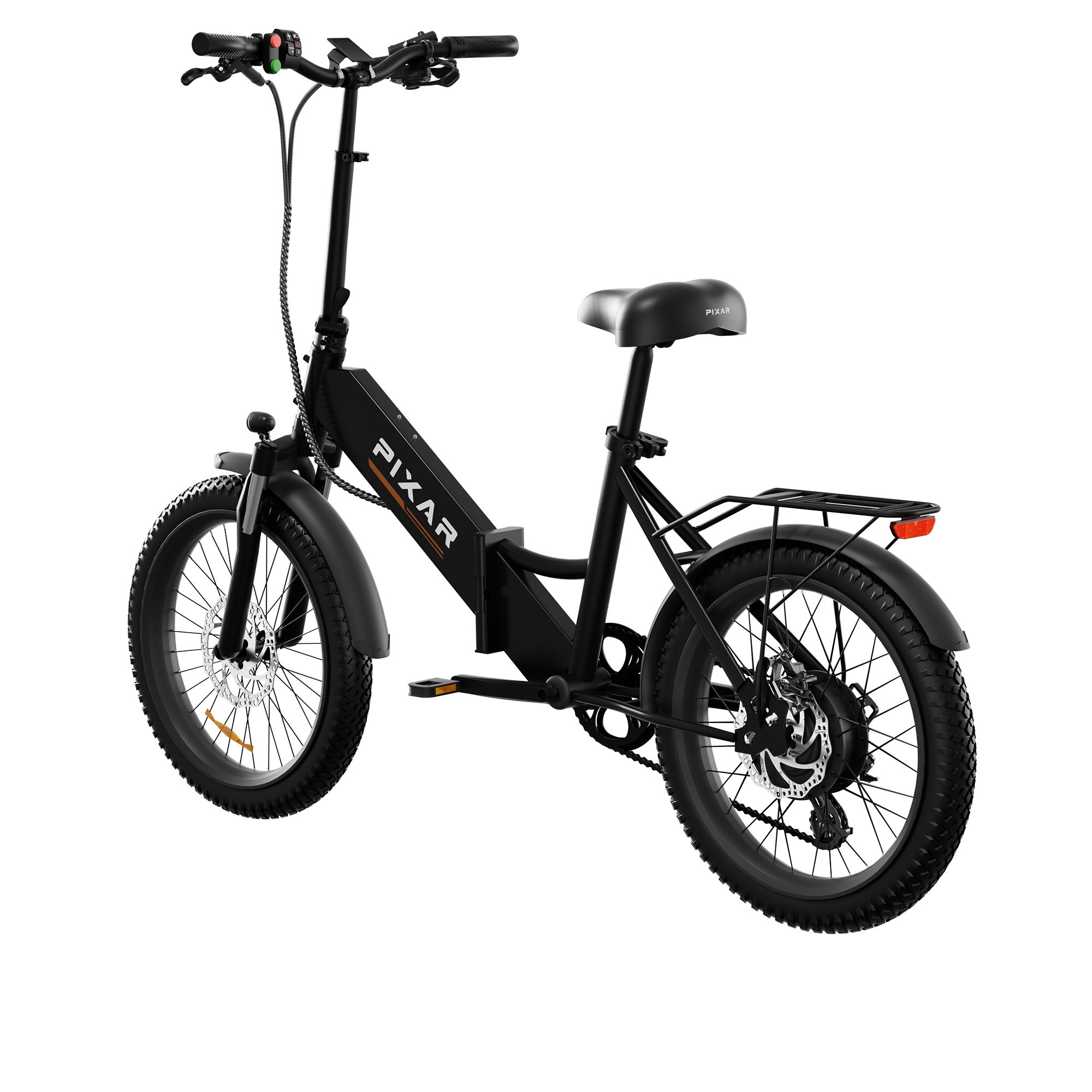 Schwarzes Elektrofahrrad mit PIXAR-Logo. Gepäckträger, Schutzbleche und schwarzer Sattel. Reifen sind schwarz. Rücklicht sichtbar.