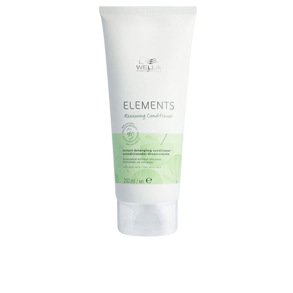 Weiße Tube mit Wella Elements Renewing Conditioner. Grün-weiße Etikett mit Produktinformationen. 200 ml.