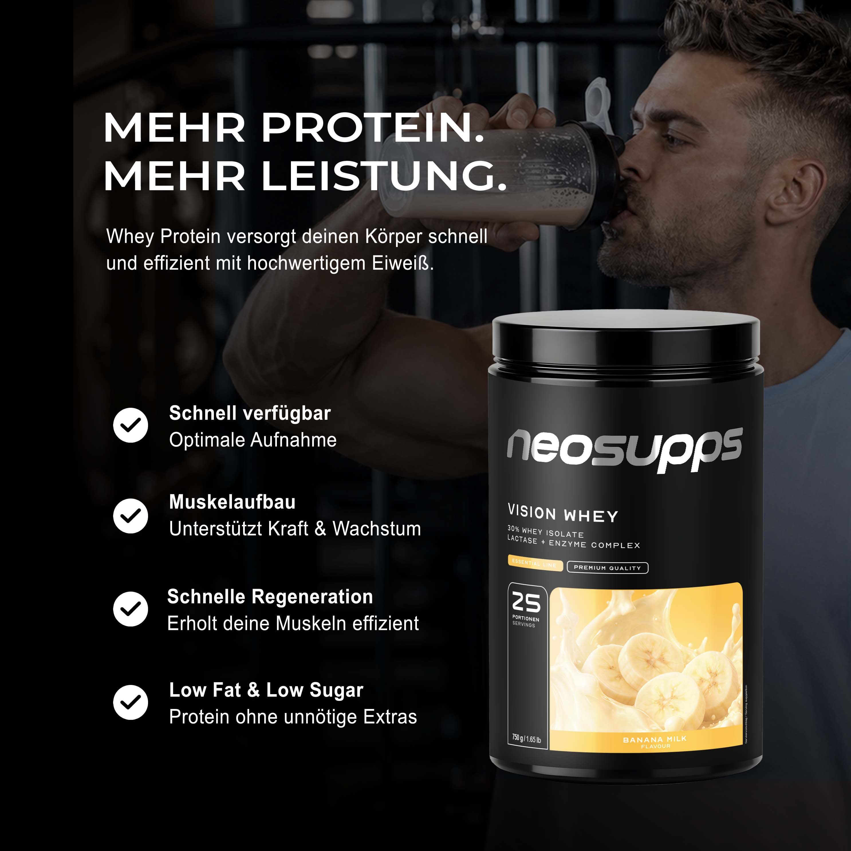 Neosupps Vision Whey Protein Banana Milk, 750g, Protein Pulver für Proteinshakes