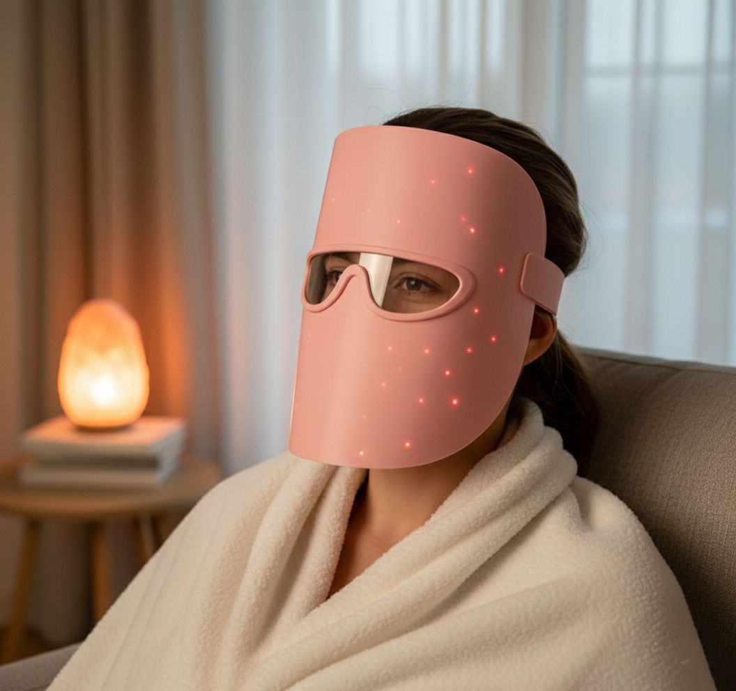 Frau trägt rosa LED-Maske in entspannter Umgebung. Rote Lichter sind aktiv.