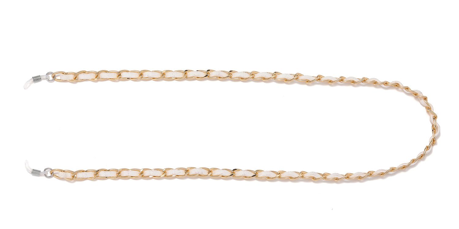 Brillenkette, goldfarbene Kettenglieder mit weißem Leder. Metallverschlüsse.