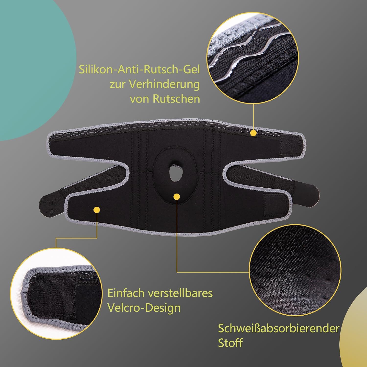Kniebandage mit Patella-Gel, Stabilisierungsriemen und Federn.