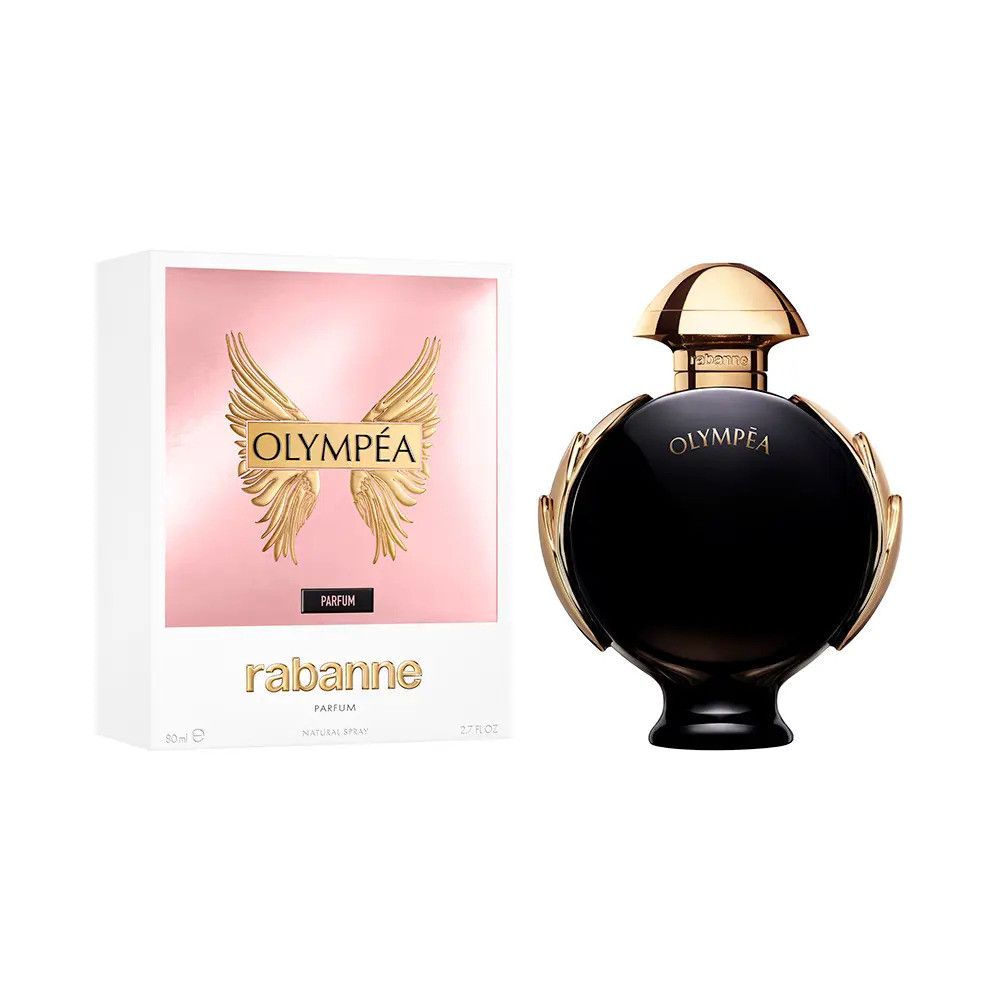 Parfumflakon und Verpackung. Schwarzer Flakon mit goldenen Akzenten. Weiße Box mit goldenen Flügeln und Schriftzug 'OLYMPÉA'.