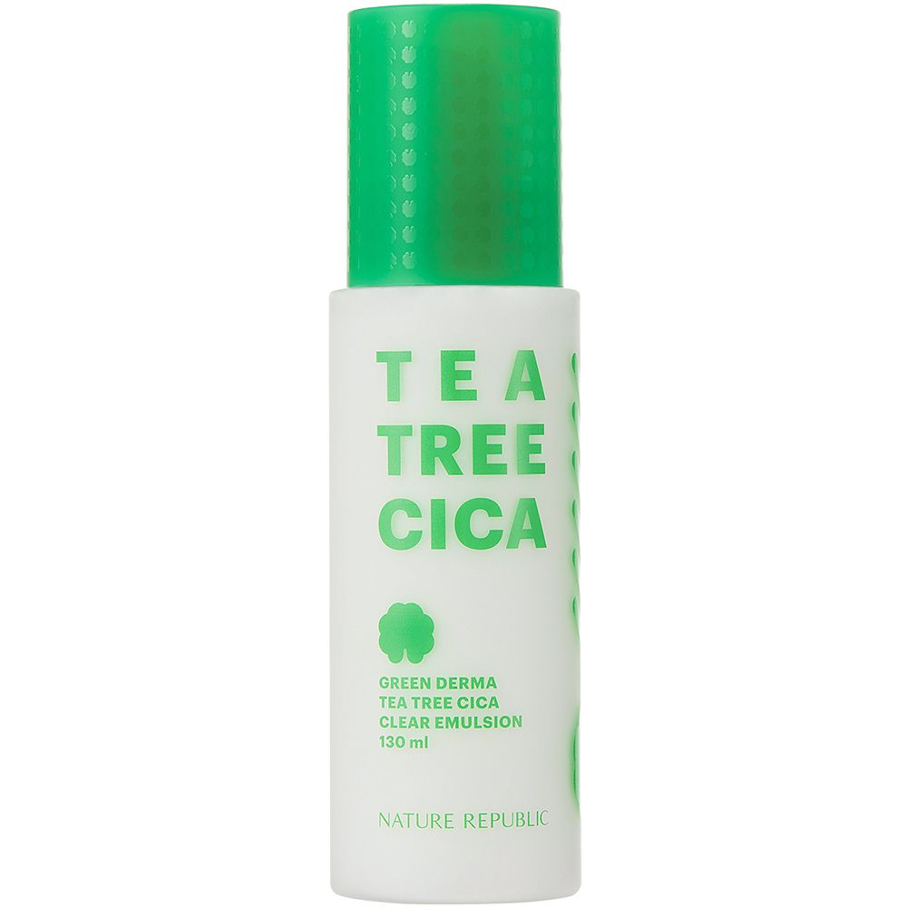 Weiße Flasche mit grünem Deckel. Aufschrift: TEA TREE CICA, darunter weitere Produktinformationen. Marke: NATURE REPUBLIC.