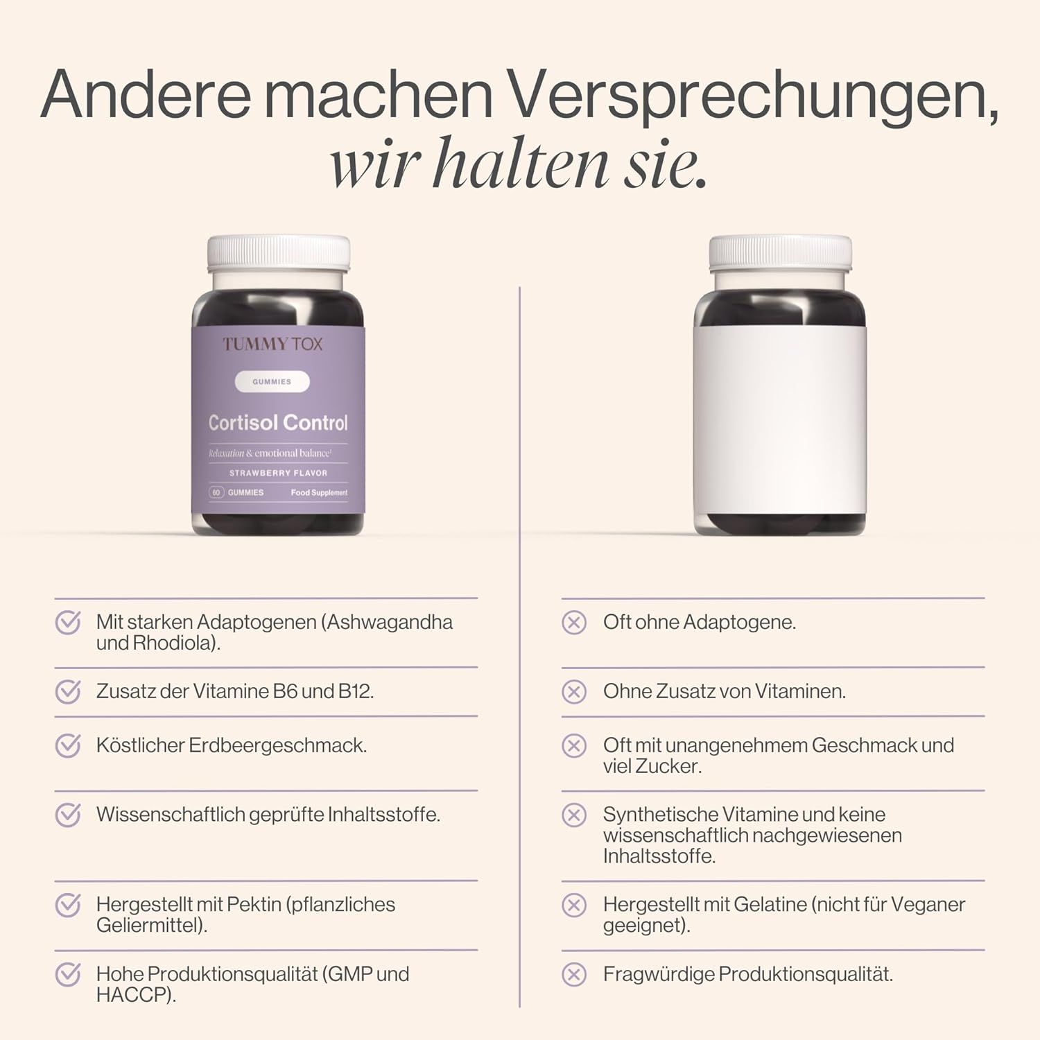 Vergleich von Tummy Tox Gummies mit einem anderen Produkt. Vorteile: Adaptogene, Vitamine, Erdbeergeschmack, Qualität.
