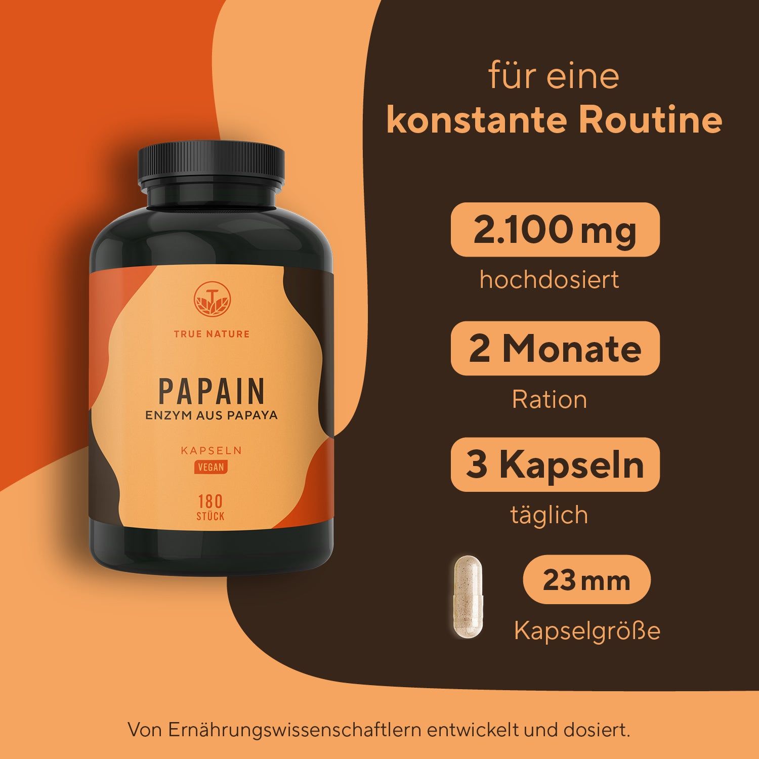 Produktinformationen: 2.100 mg hochdosiert, 2 Monate Ration, 3 Kapseln täglich, 23 mm Kapselgröße. Flasche mit Papain Kapseln.