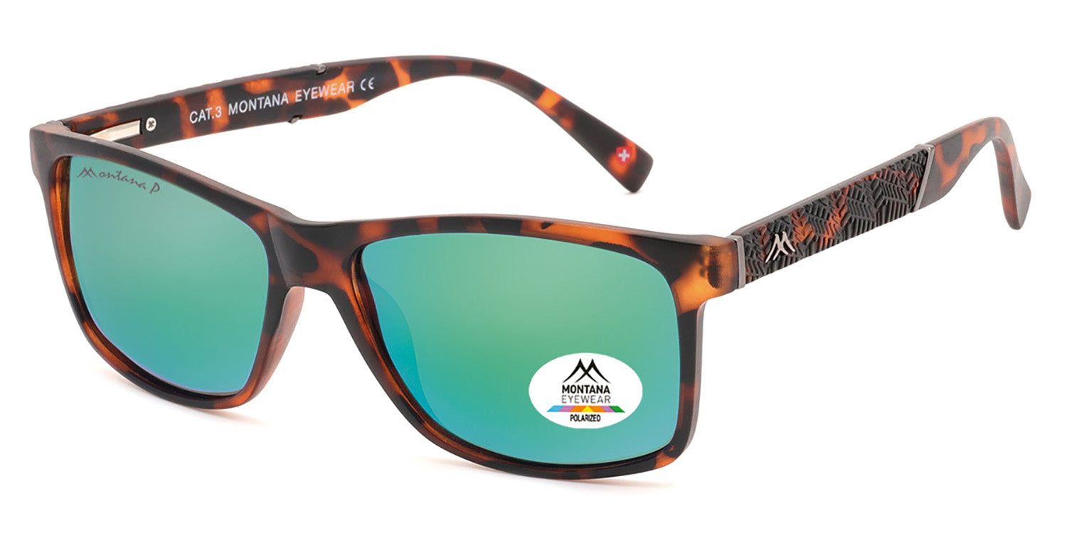 Sonnenbrille mit braunem Rahmen und grünen Gläsern. Logo und Polarized-Aufkleber. Montana Eyewear.