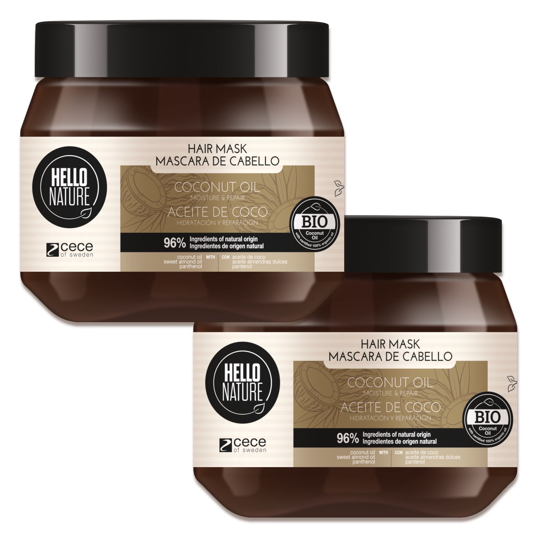 Zwei braune Tiegel mit schwarzem Deckel. Aufschrift: Hello Nature, Haarmaske, Kokosöl, Bio-Siegel. cece-Logo.