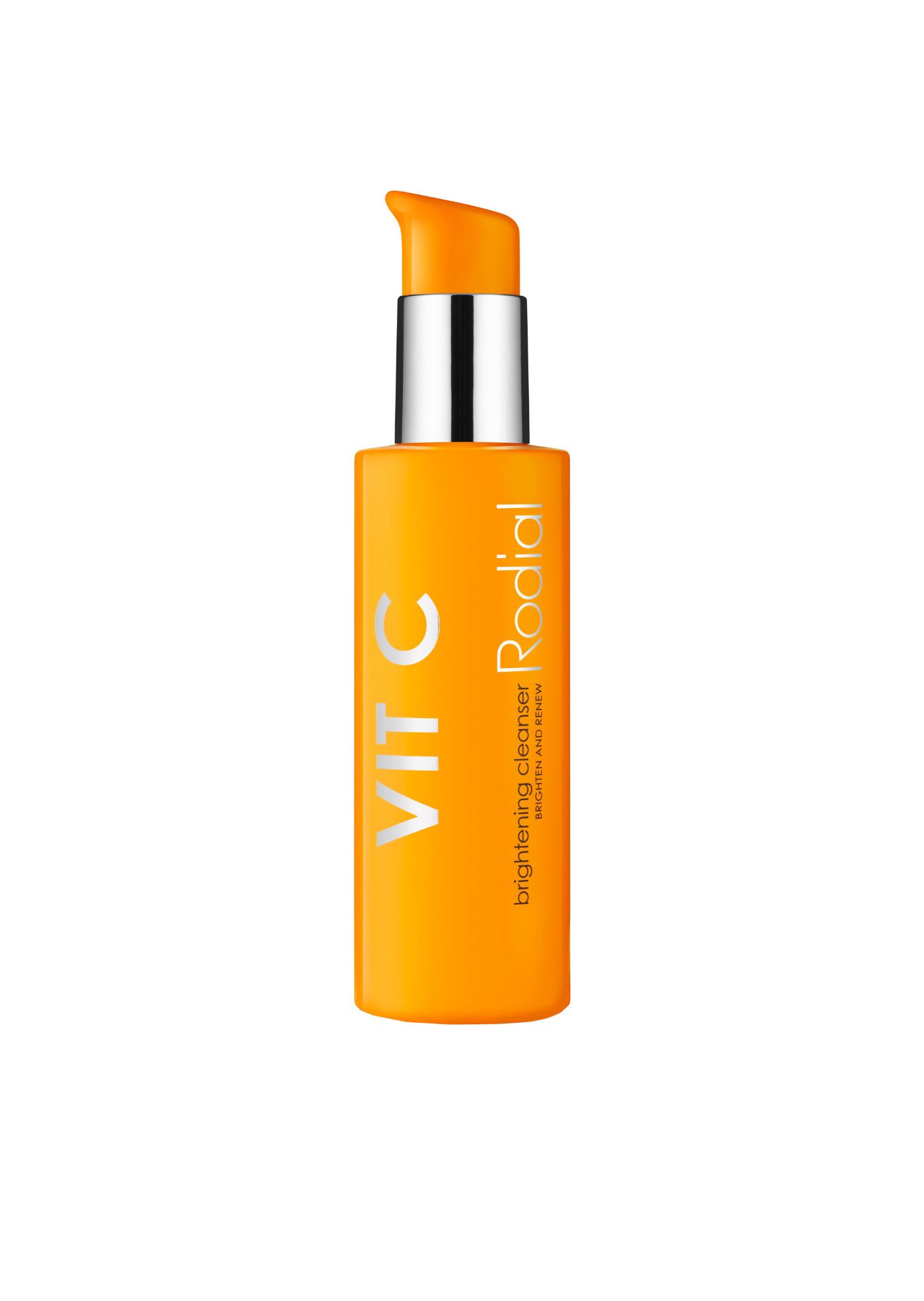 Orangefarbener Flakon mit silberner Pumpe. Aufschrift: VIT C und Rodial. Produktname: Brightening Cleanser.
