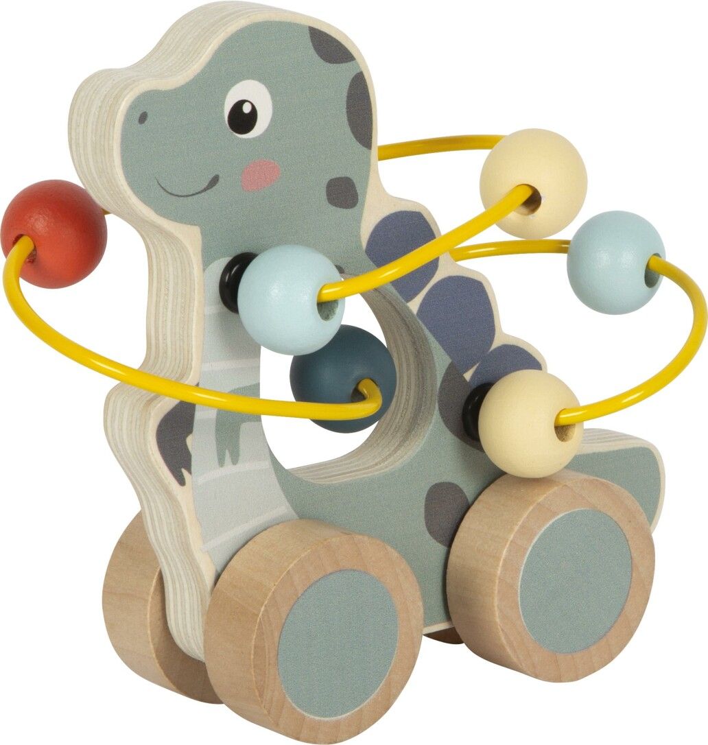 Holz-Dino mit Motorikschleife. Hellgrün, gelb, blau, rot und beige. Mit Rädern. Holzspielzeug.