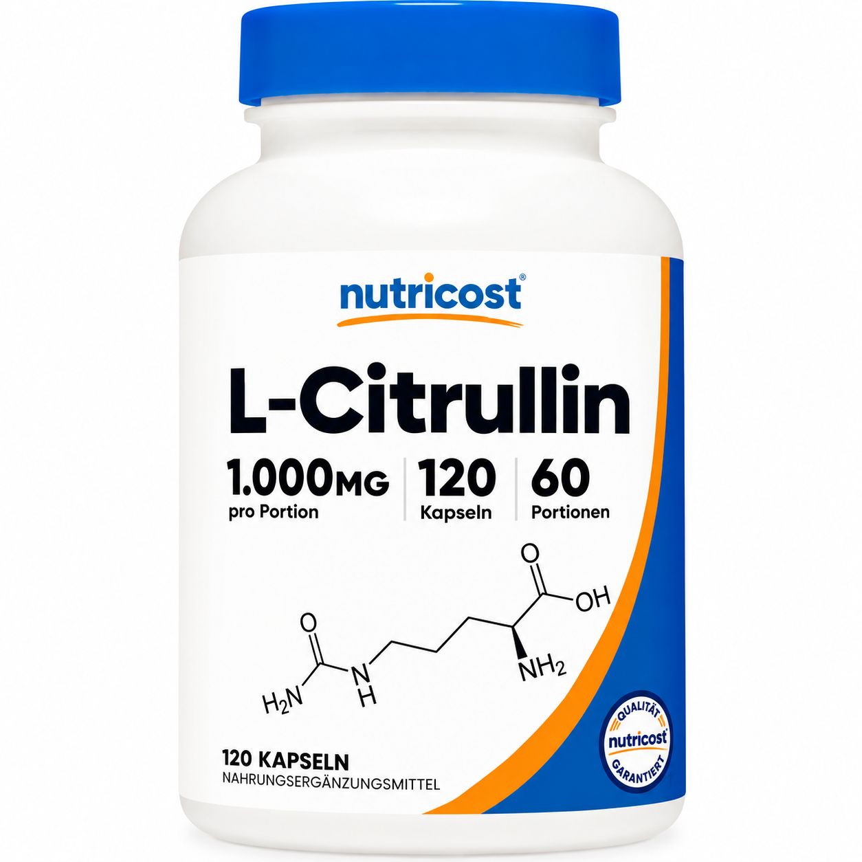 Eine Flasche L-Citrullin von Nutricost, 1.000 mg, 120 Kapseln. Chemische Struktur sichtbar.
