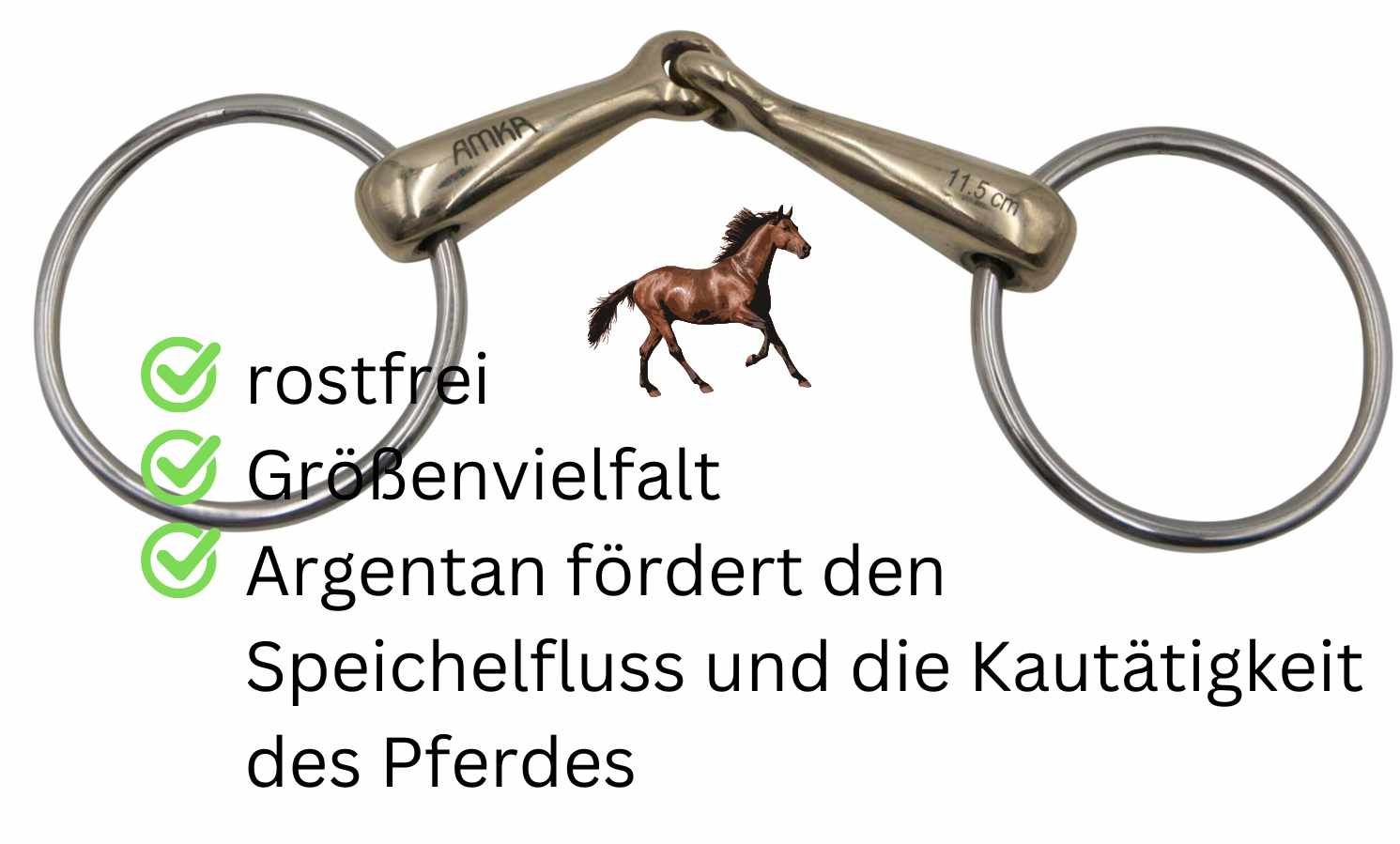 Gebiss mit Text: rostfrei, Größenvielfalt, Argentan fördert den Speichelfluss und die Kautätigkeit des Pferdes.