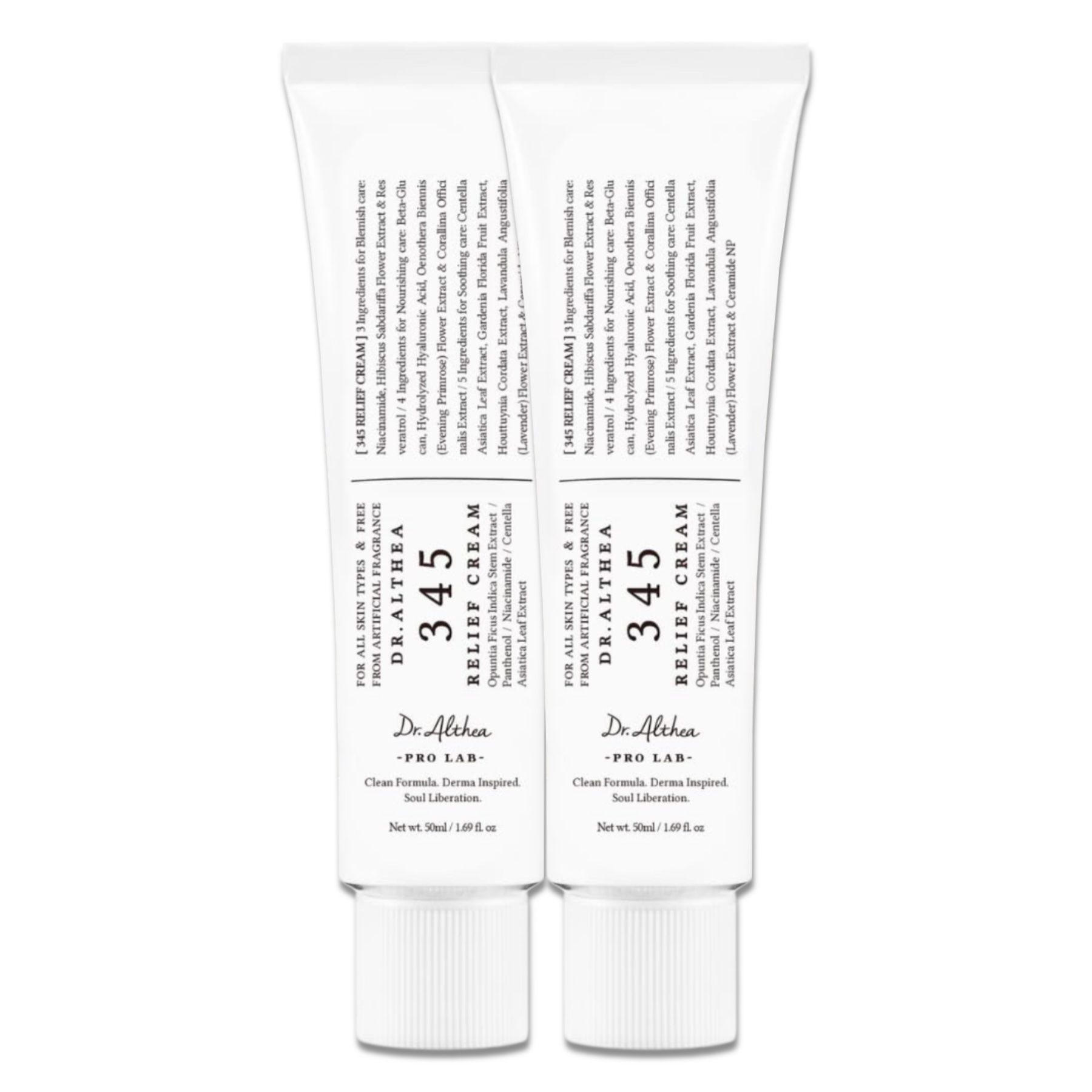 Zwei Tuben Dr. Althea 345 Relief Cream. Weiße Tuben mit schwarzer Schrift. Aufschrift: 345 Relief Cream, Dr. Althea.