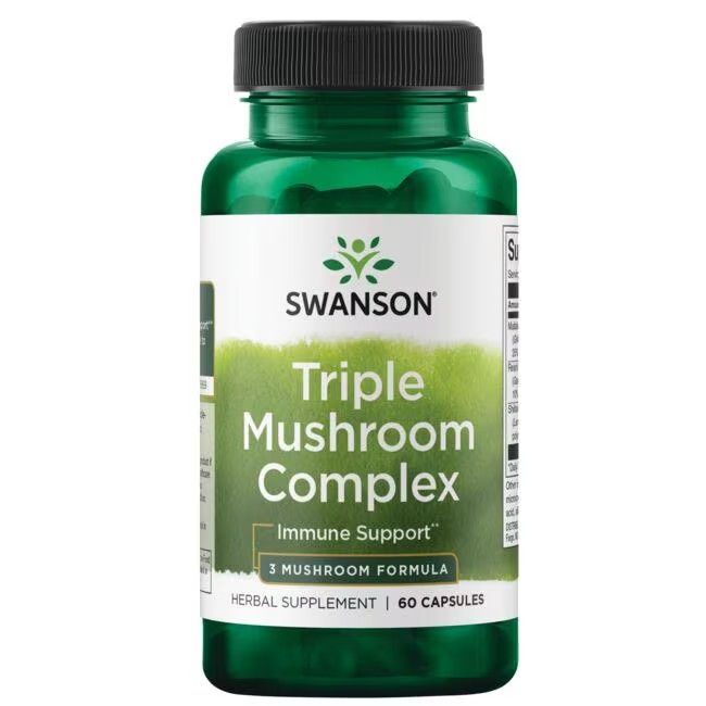 Grüne Flasche mit schwarzem Deckel. Etikett mit "SWANSON Triple Mushroom Complex". 60 Kapseln. Kräuterergänzungsmittel.