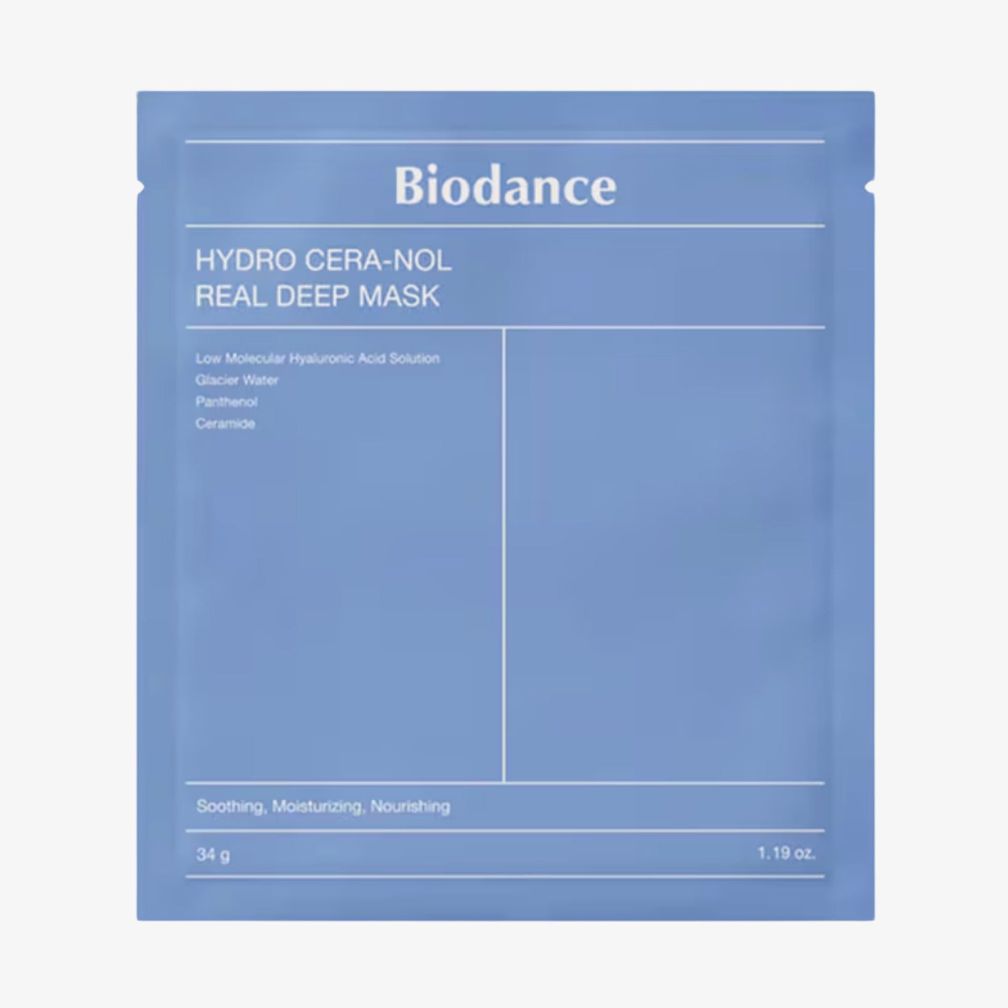 Blaue Verpackung mit Produktnamen Biodance Hydro Cera Nol Real Deep Mask. Enthält Informationen zu Inhaltsstoffen und Gewicht.