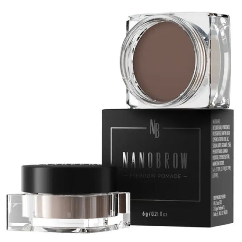 Nanobrow Augenbrauen Pomade in dunklem Braun, in einem transparenten Glasbehälter mit schwarzem Deckel, neben der Verpackung.