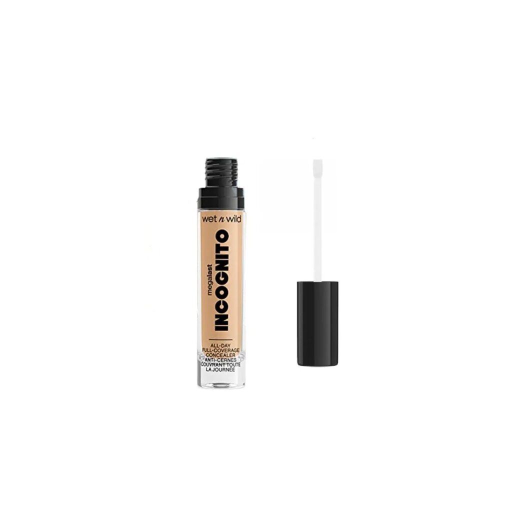 Concealer-Tube mit schwarzem Deckel und Applikator. Aufschrift: Incognito, Wet n Wild. Beige Farbton.