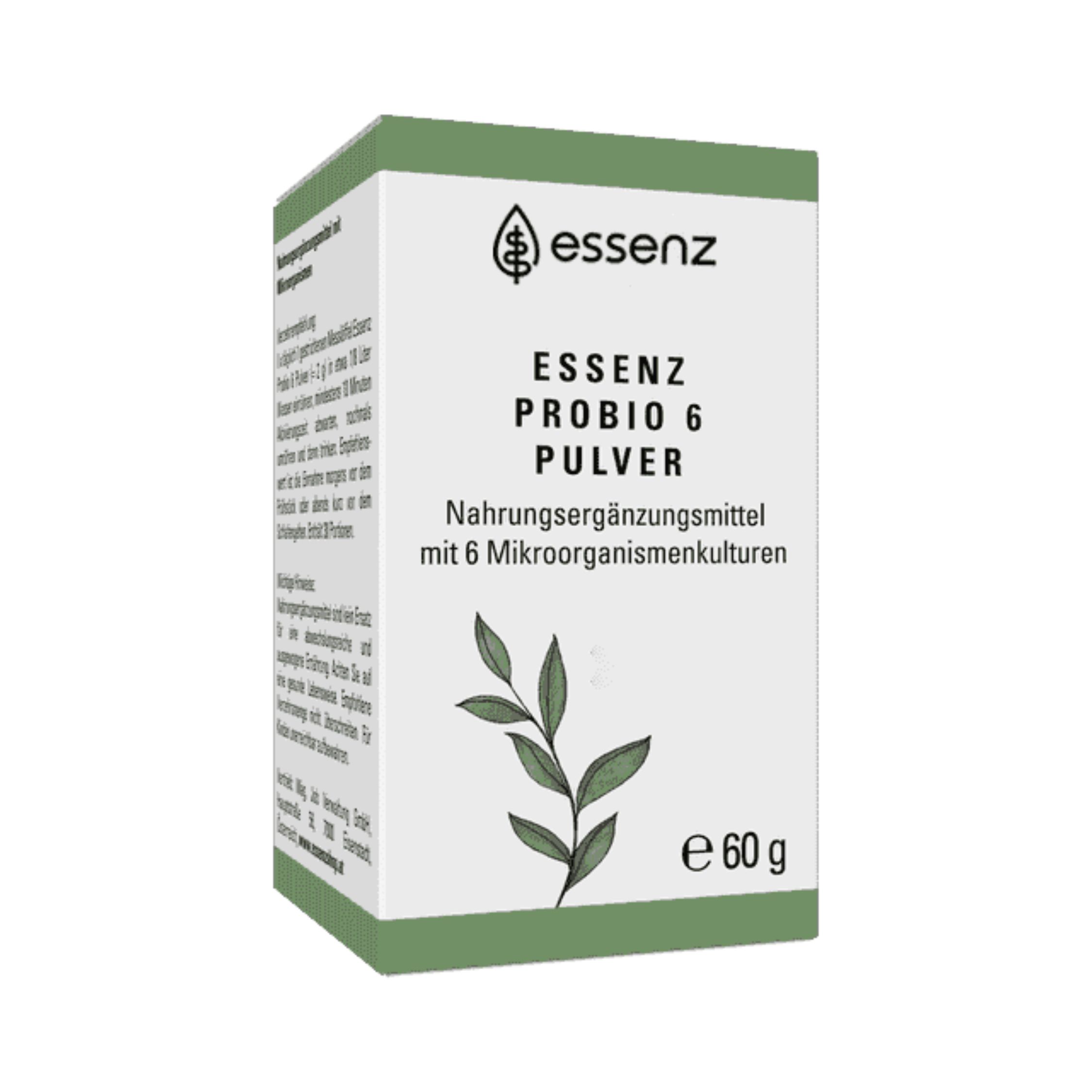 Grüne Produktverpackung ESSENZ PROBIO 6 PULVER. Aufschrift: Nahrungsergänzungsmittel mit 6 Mikroorganismenkulturen. Inhalt: e 60 g.