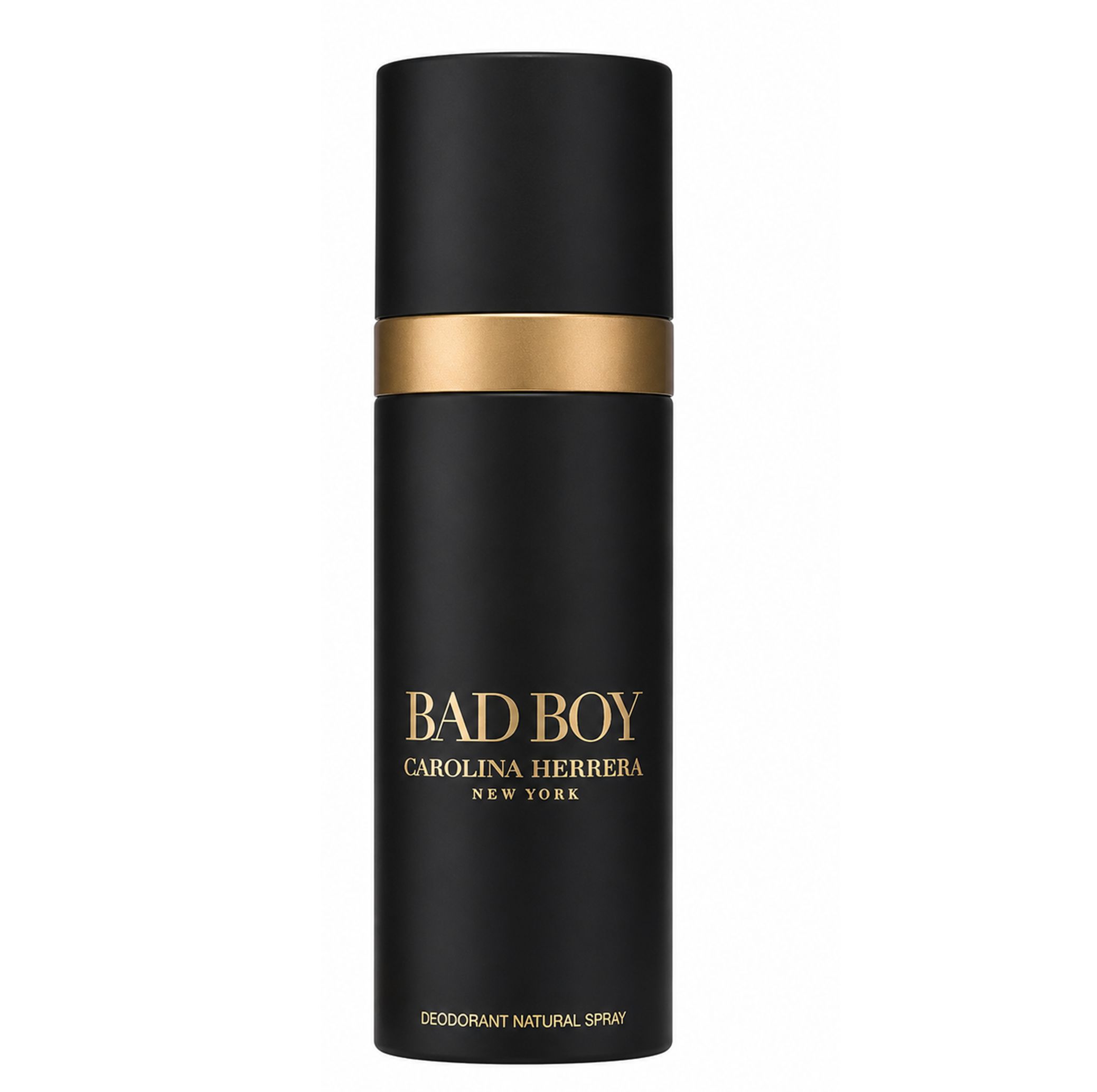 Schwarzer Deospray-Flakon mit goldenem Band und "Bad Boy"-Logo.