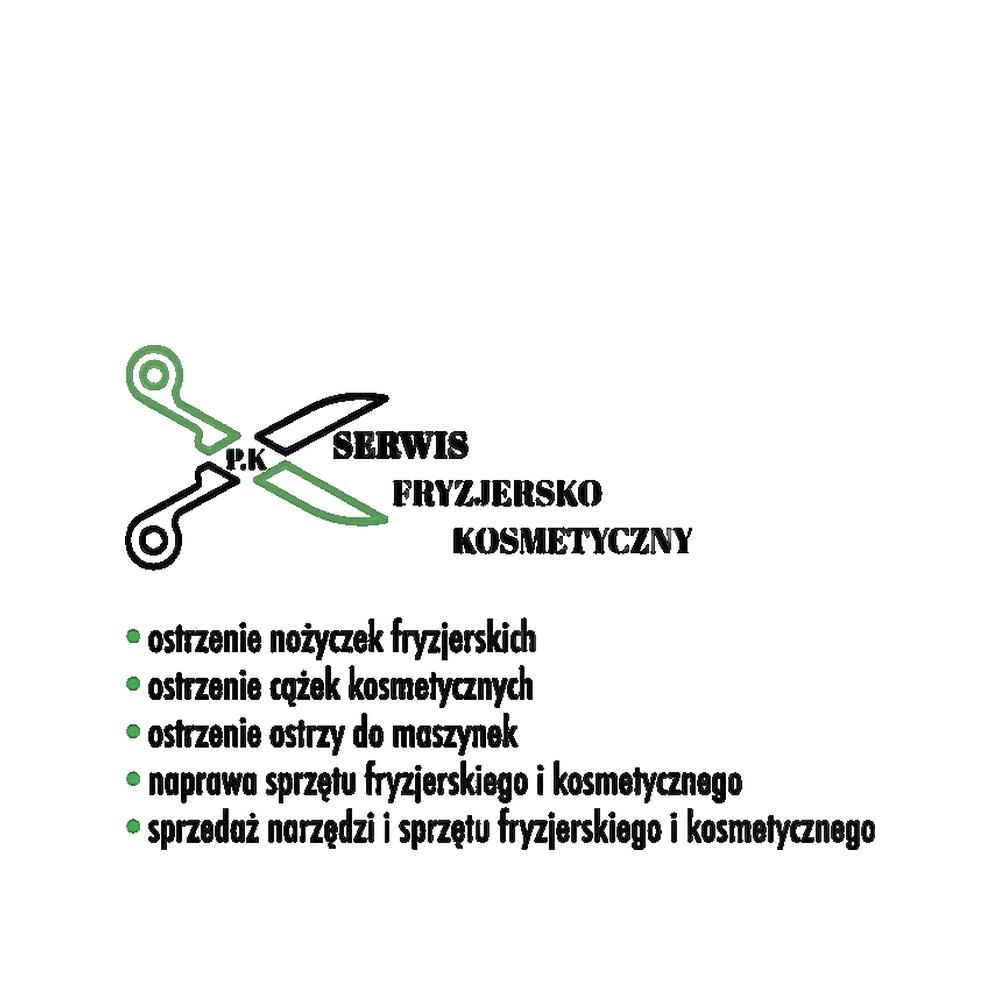 Logo mit Schere und Text 'SERWIS FRYZJERSKO KOSMETYCZNY' für Friseur- und Kosmetikservice.