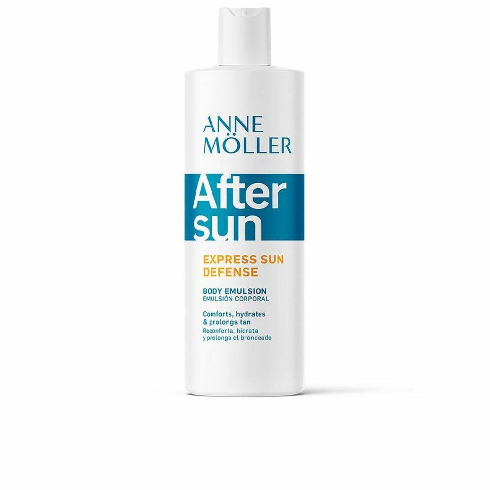 Weiße Flasche mit blau-orangener Beschriftung. Aufschrift: Anne Möller After Sun Express Sun Defense Body Emulsion.