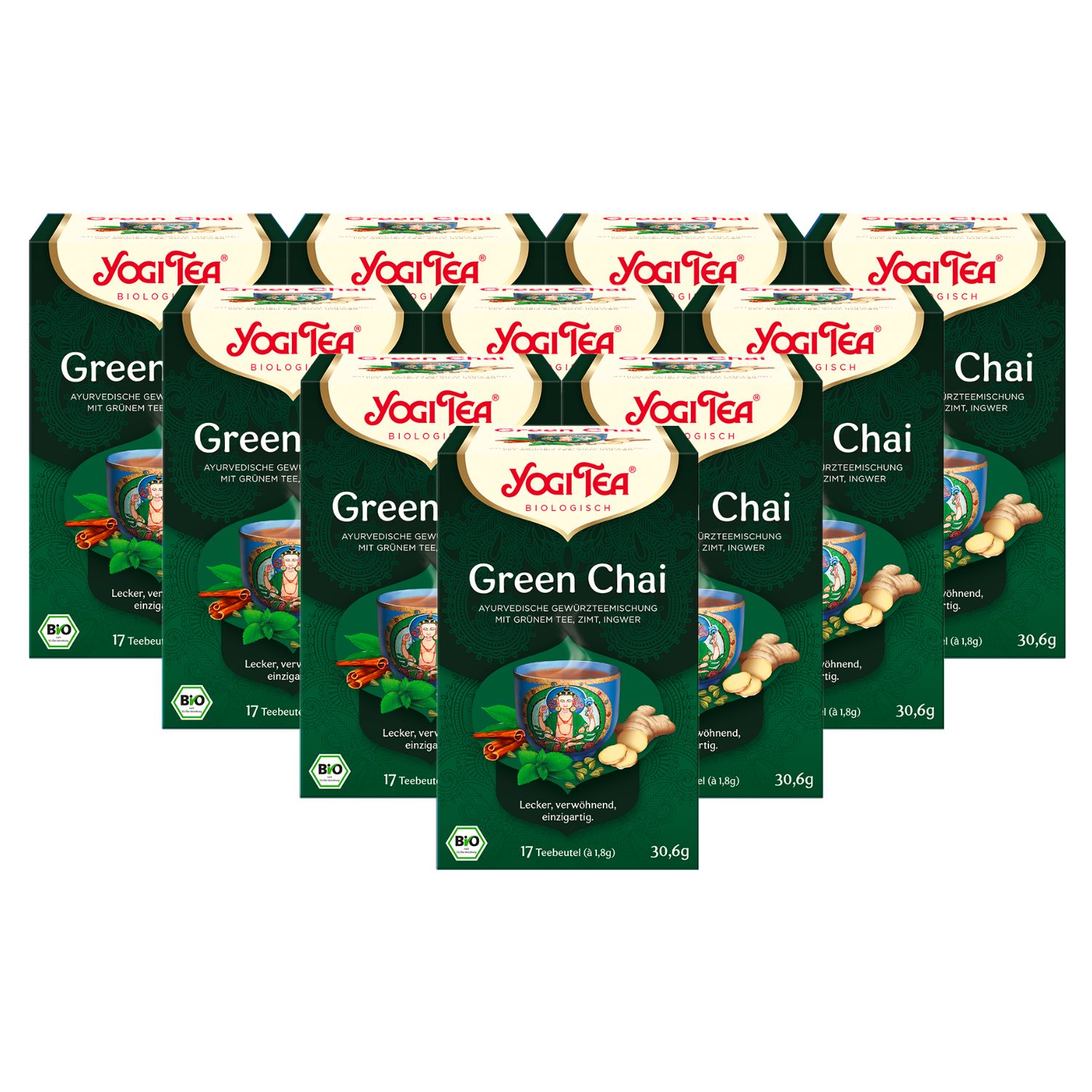 Mehrere grüne Schachteln mit Yogi Tea Green Chai Bio Gewürztee. Aufdrucke: Yogi Tea, Green Chai, Bio-Siegel, 17 Teebeutel.