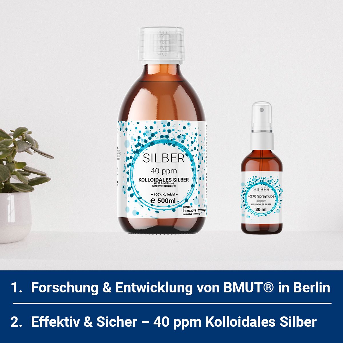 Braune Glasflasche und Sprühflasche mit Etiketten. Aufschrift: Silber 40 ppm Kolloidales Silber. 500ml und 30ml. Aufschrift: Forschung & Entwicklung.