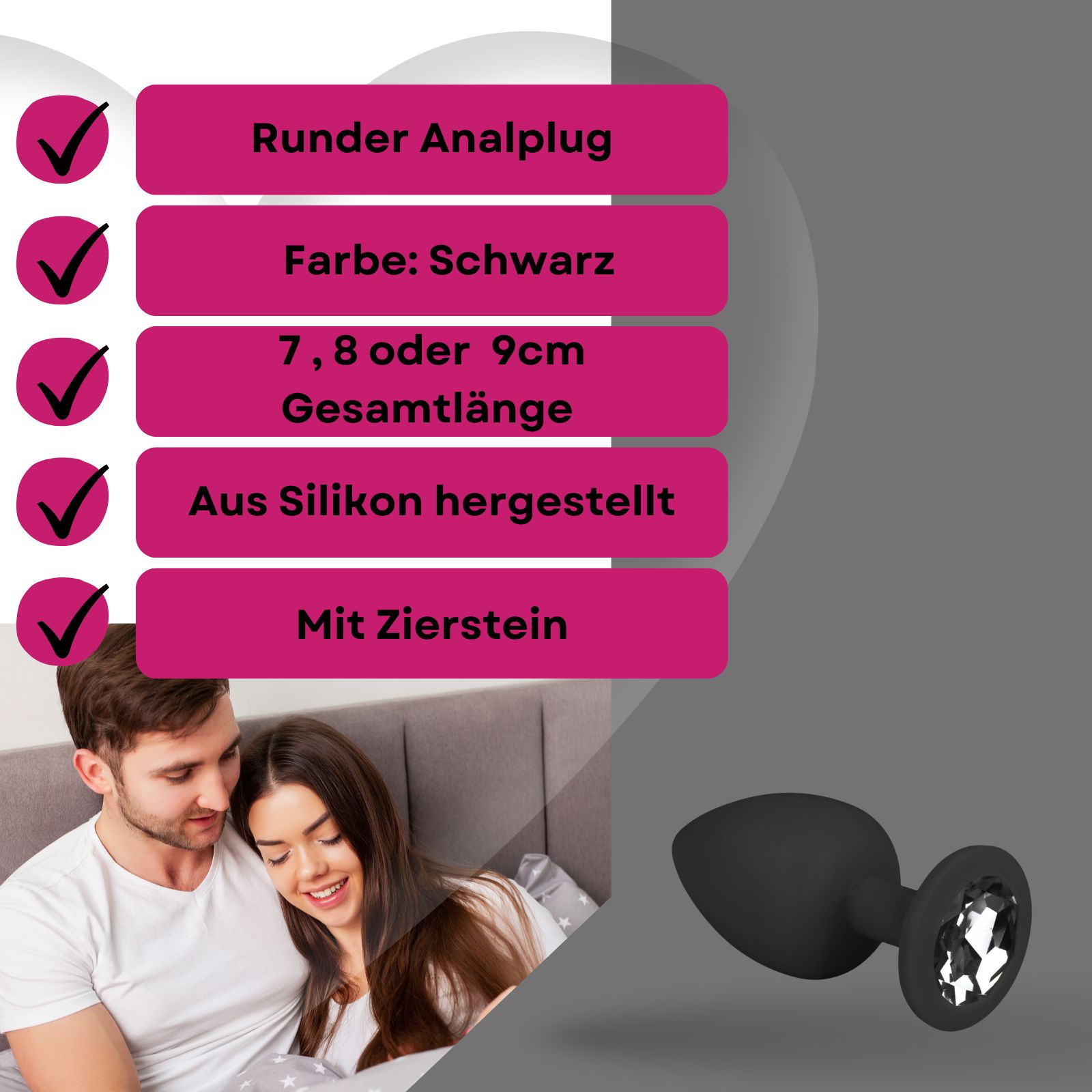 Produkt mit Text: Runder Analplug, Farbe: Schwarz, 7, 8 oder 9cm, Aus Silikon, Mit Zierstein.