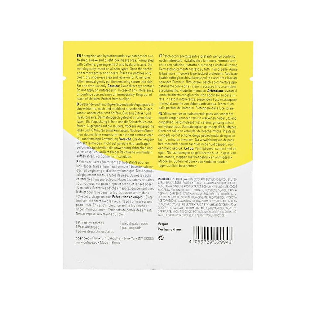Rückseite der Catrice Hydrogel Augenpflaster Energy Boost Packung. Text in mehreren Sprachen, Inhaltsstoffe, vegan.