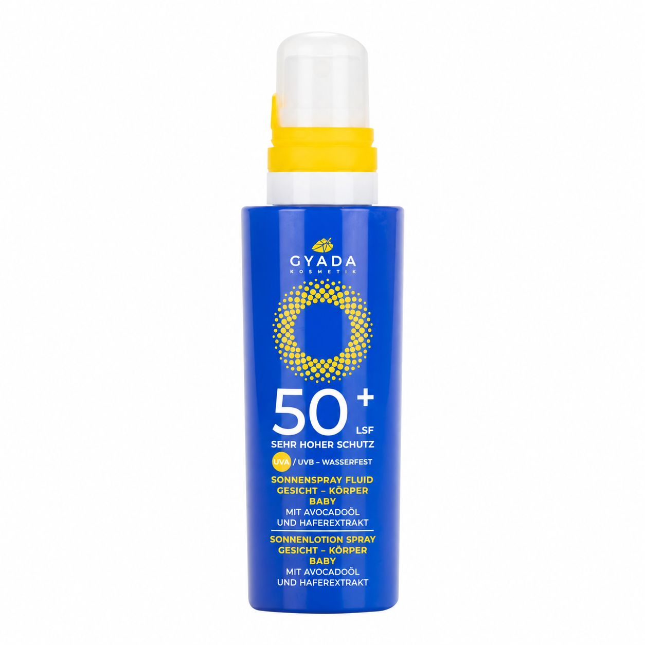 Flasche Sonnenschutzmittel LSF 50+ mit gelbem Sprühkopf.