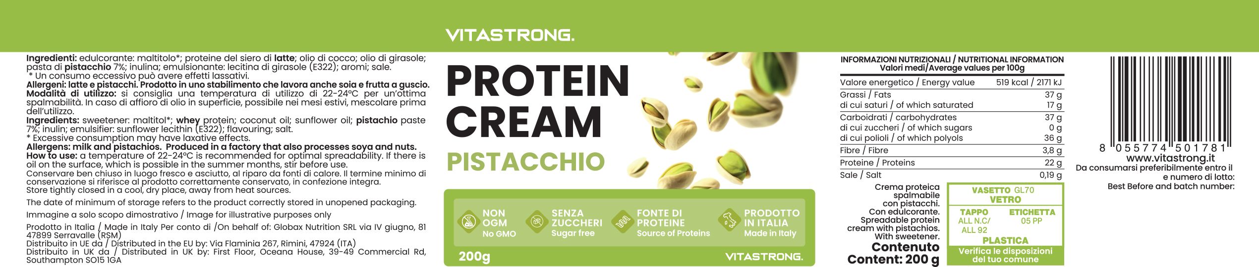 Etikett mit Text: Protein Cream Pistachio, Vitastrong. Enthält Informationen zu Inhaltsstoffen und Nährwerten. Pistazien abgebildet.