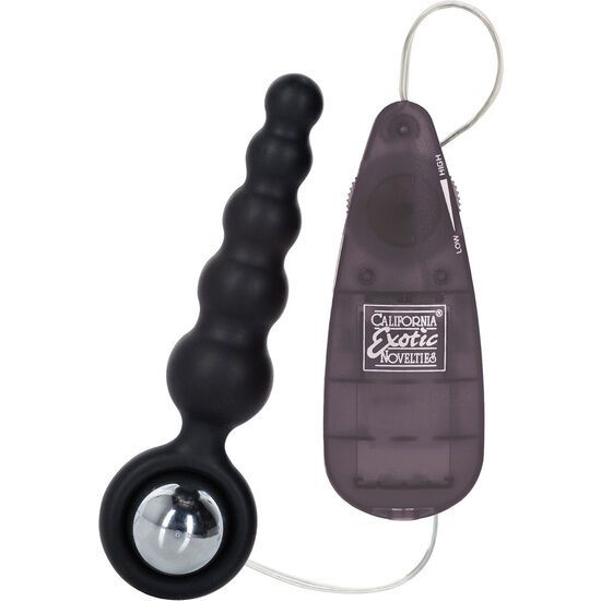 Schwarzer Analvibrator mit kugelförmigem Ende und Steuerteil. Aufschrift "California Exotic Novelties".