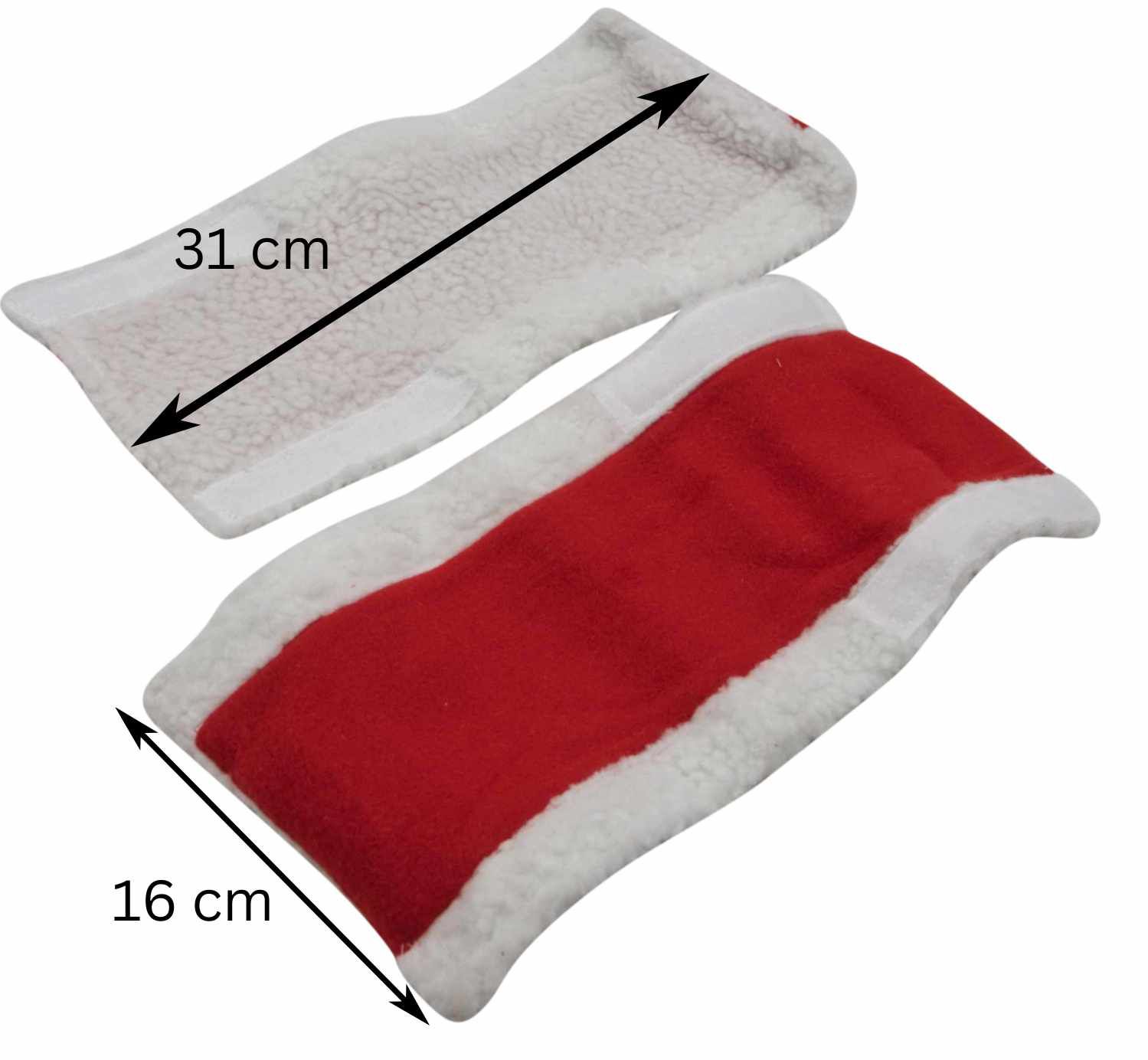 Zwei rot-weiße Bandagen. Die obere misst 31 cm, die untere 16 cm. Beide haben eine weiße Kunstfellkante.