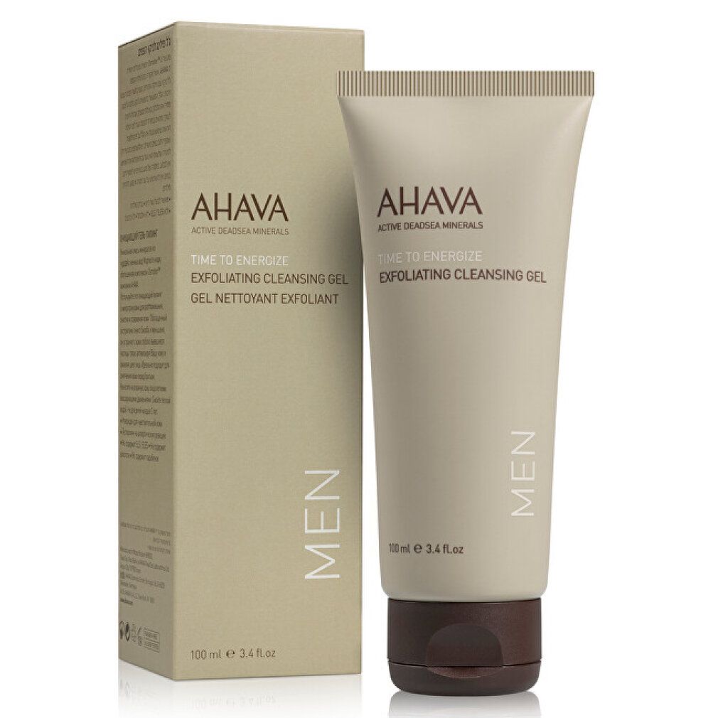 Produkt und Verpackung. Beige Tube und Schachtel. Aufschrift: AHAVA TIME TO ENERGIZE Exfoliating Cleansing Gel MEN. 100ml.