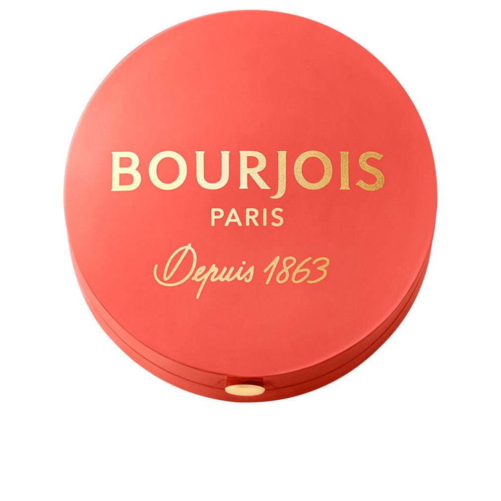Runder Rouge-Tiegel, geschlossener Deckel. Goldener Schriftzug: BOURJOIS PARIS, Depuis 1863. Roter Behälter.