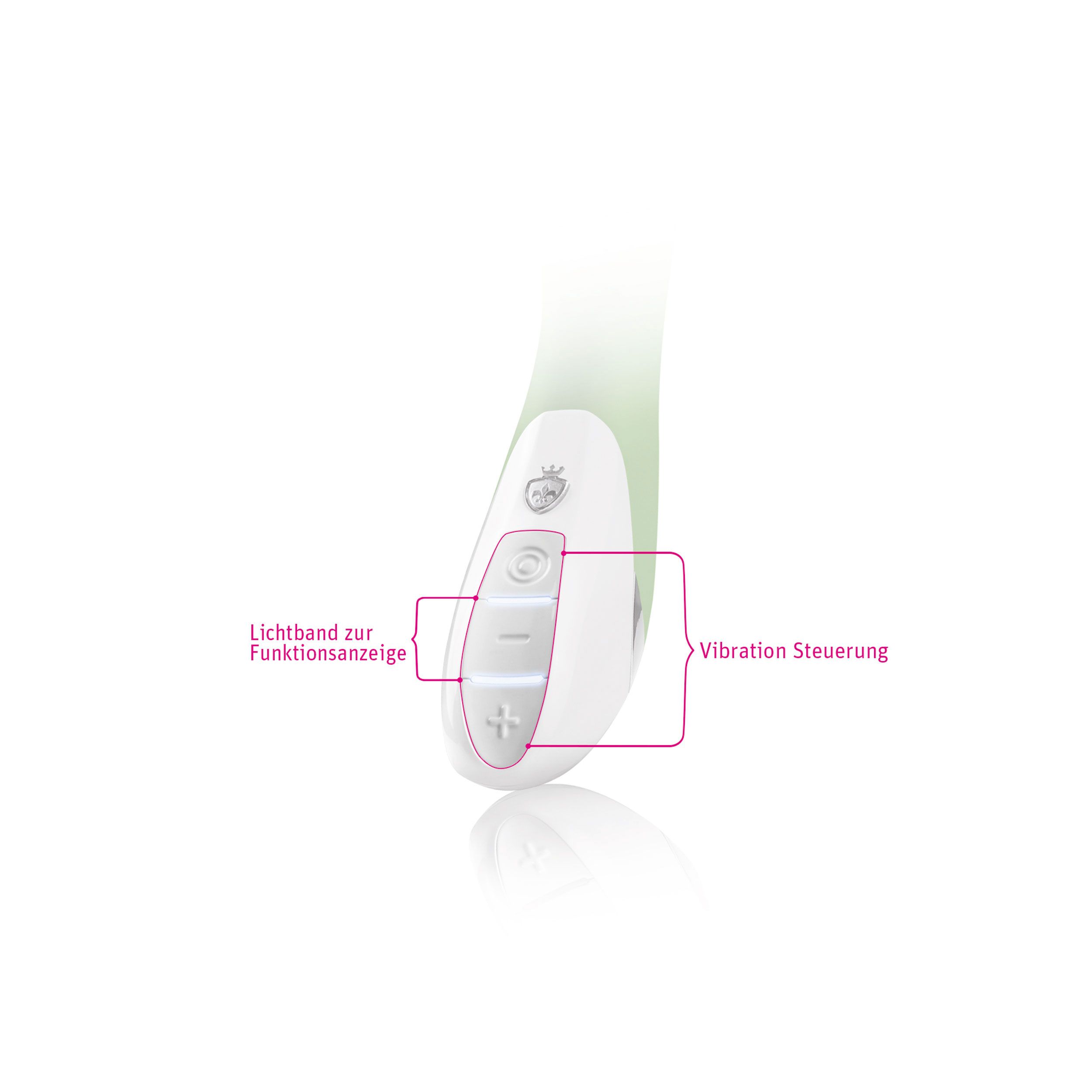 Nahaufnahme des weißen Bedienfelds eines grünen Vibrators. Beschriftung.
