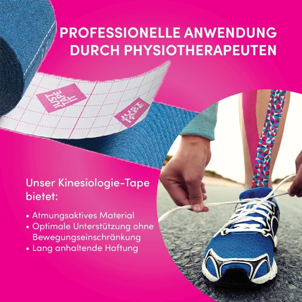 Rolle Kinesiotape mit Jeans-Optik und rotem "Just Tape It" Logo.