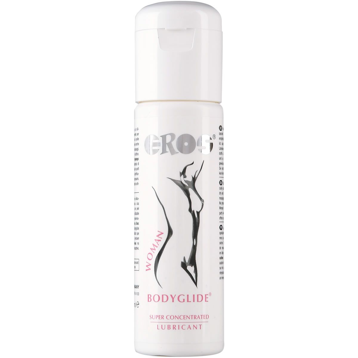 Weiße Flasche mit Klappverschluss. Aufschrift: EROS, BODYGLIDE, WOMAN, Abbildung einer Frau. Produktname und weitere Informationen.