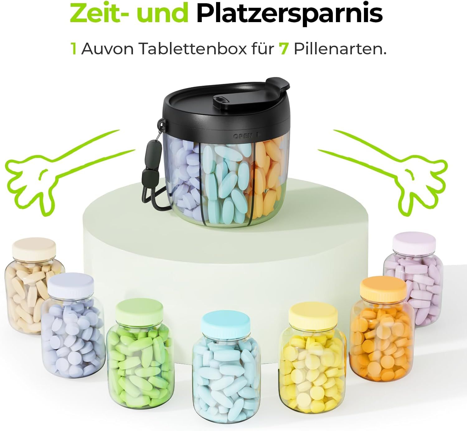 Pillendose mit 7 Fächern, Maße 8.89x9.65 cm, mit Aufklebern.
