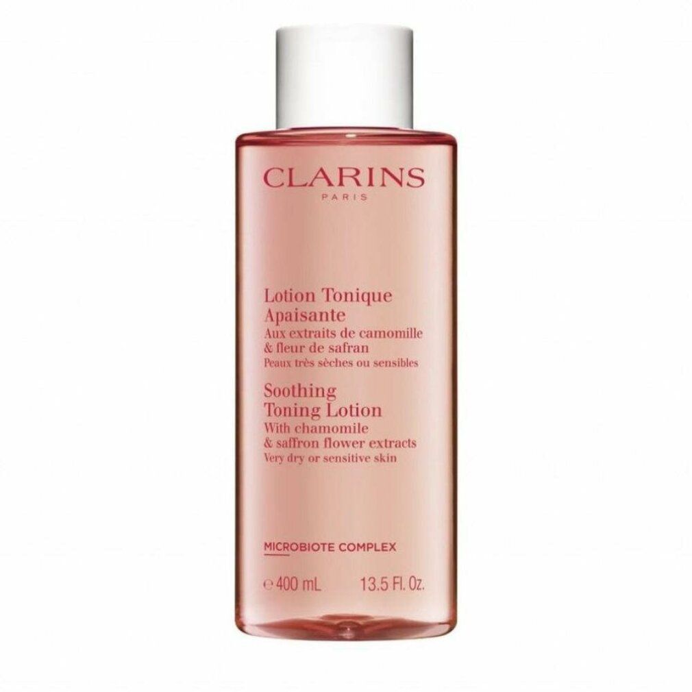 Rosa Flasche mit weißem Deckel. Beschriftung: CLARINS, Lotion Tonique Apaisante, 400 ml, 13.5 Fl. Oz. Text in Französisch und Englisch.