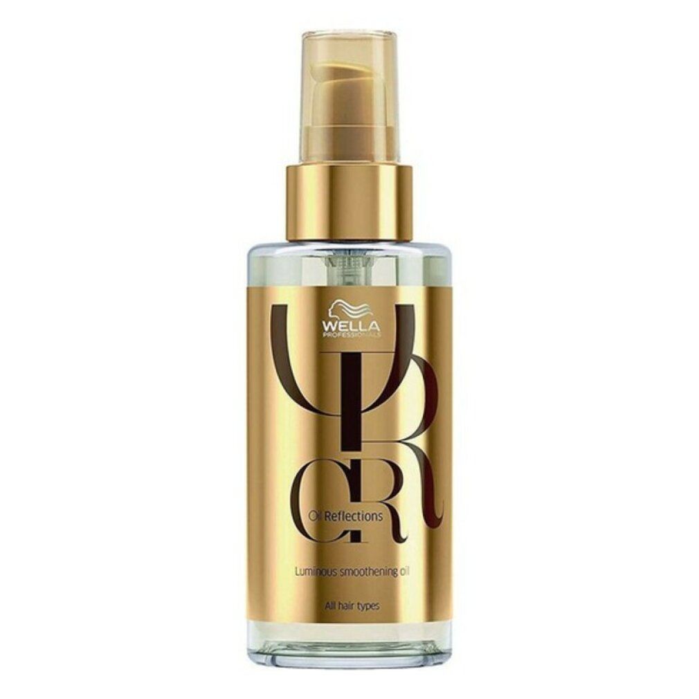 Haaröl in einer Flasche mit goldenem Pumpverschluss. Aufschrift: Wella, Oil Reflections, Luminous smoothing oil, All hair types.