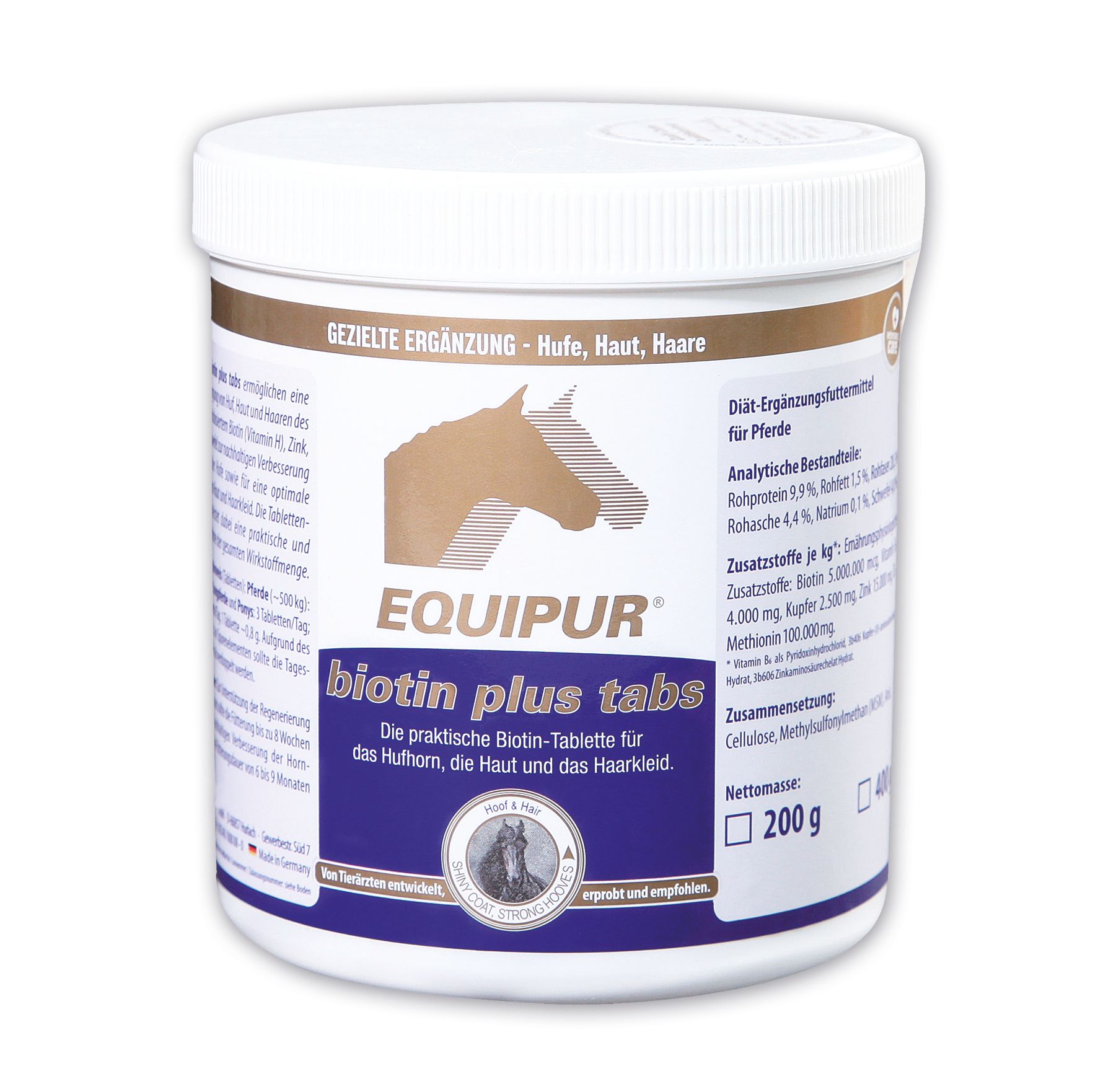 Weiße Dose mit Deckel. Aufschrift EQUIPUR, biotin plus tabs. Text: Gezielte Ergänzung - Hufe, Haut, Haare. 200g. Für Pferde.