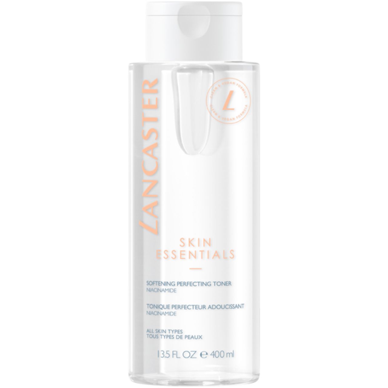 Transparente Flasche mit weißem Deckel. Aufschrift: Lancaster, Skin Essentials, Softening Perfecting Toner. Mit Logo.