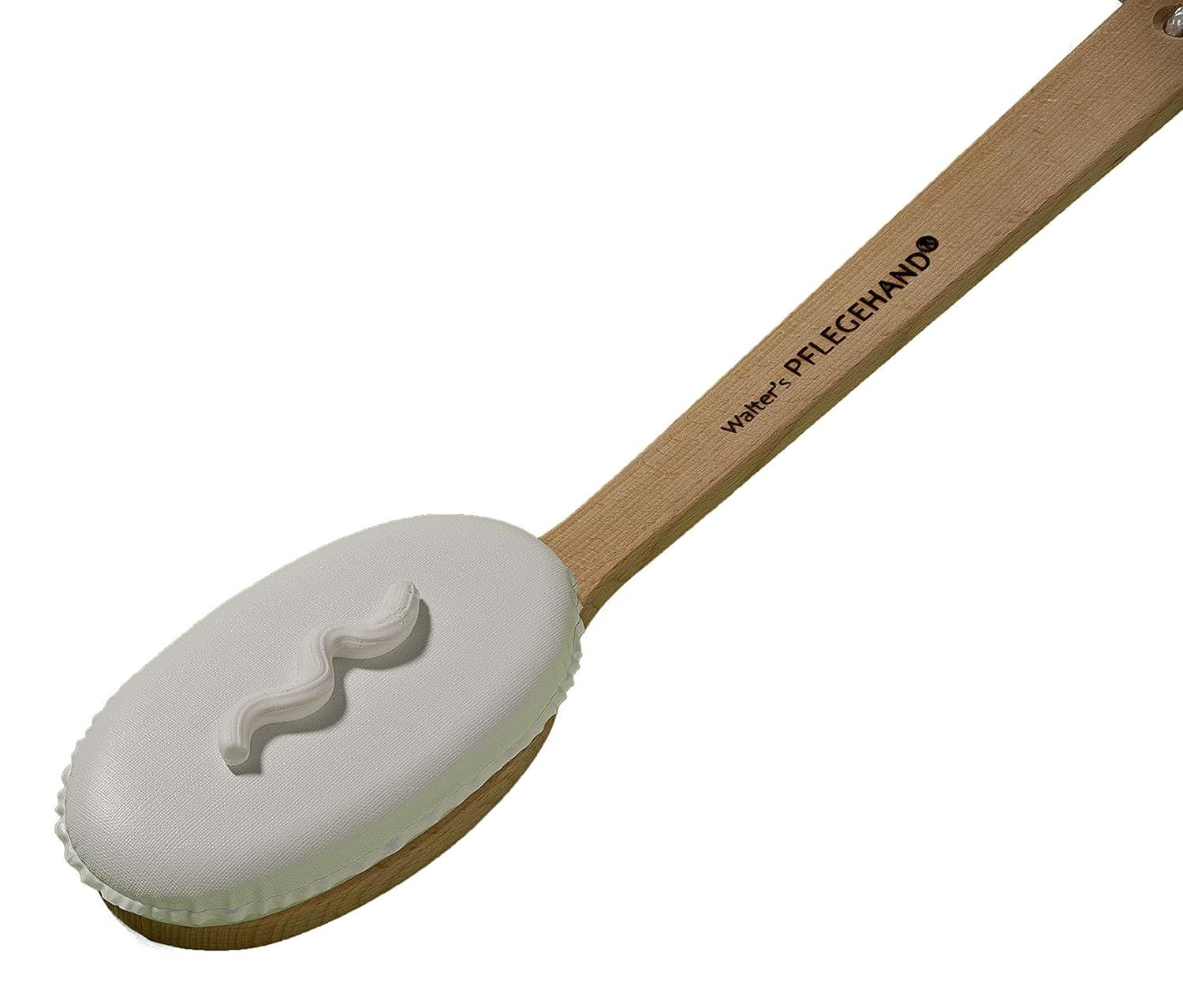 Holzgriff-Bürste mit ovalem Bürstenkopf und Seife. Aufschrift 'Walter's Pflegehand'.
