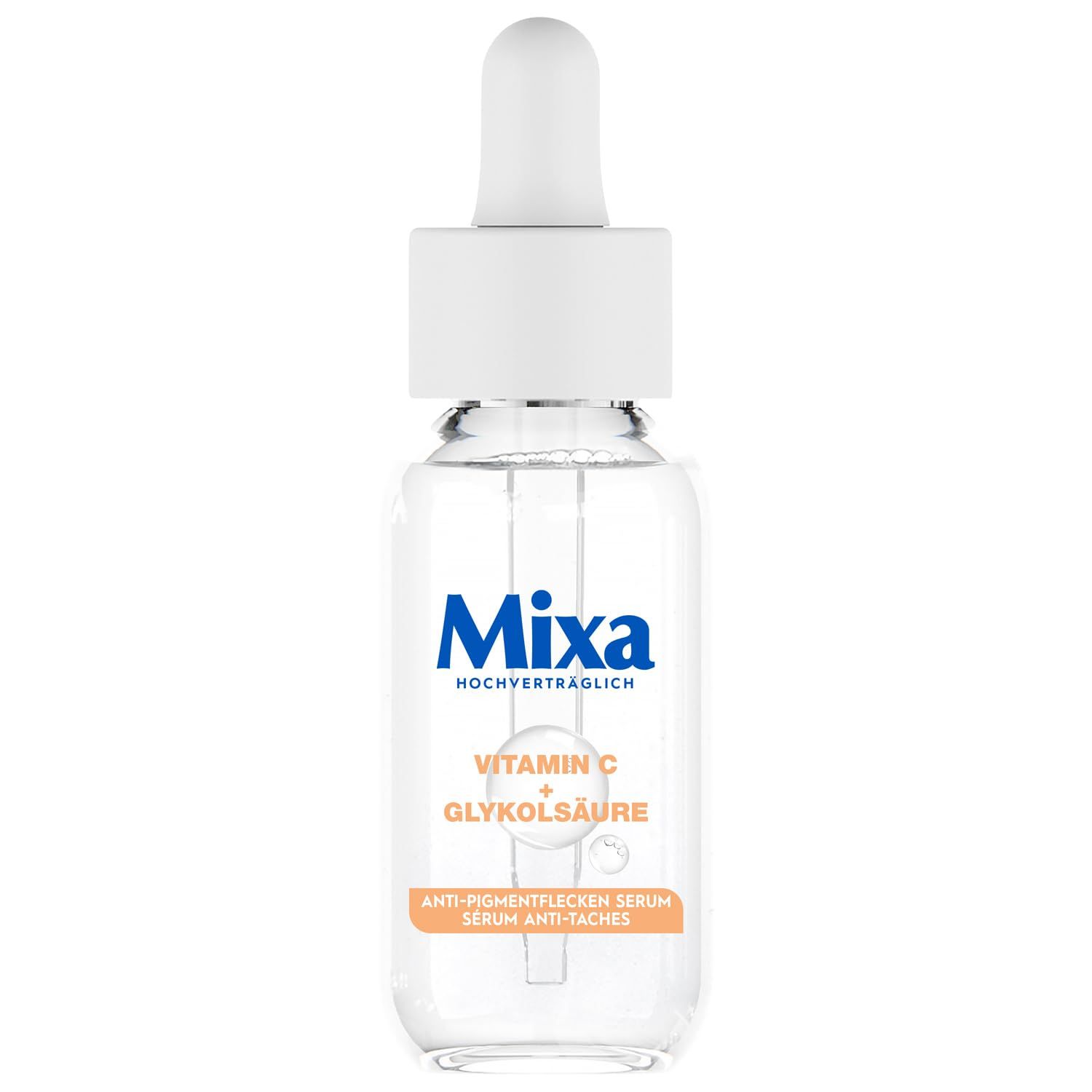 Klarflüssiges Serum in einer Glasflasche mit Pipette. Aufschrift: Mixa, Vitamin C + Glykolsäure, Anti-Pigmentflecken Serum.