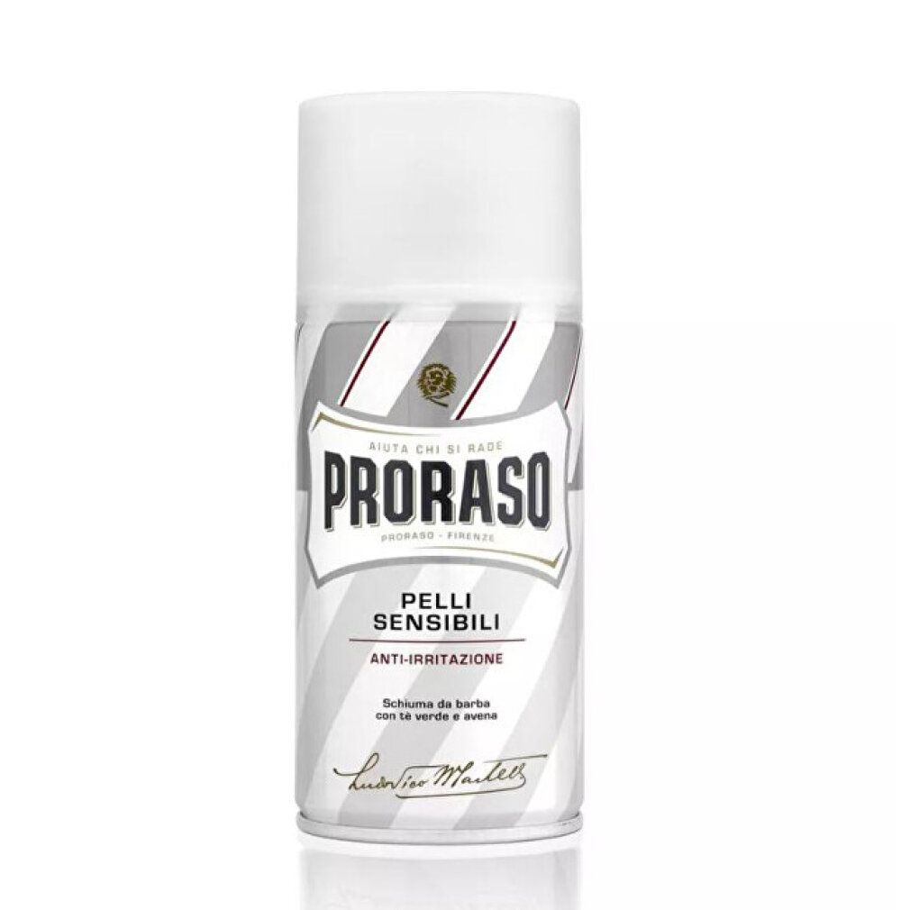 Weiße Rasiercreme-Dose. Aufschrift PRORASO, Firenze. Text: Pelli Sensibili, Anti-Irritazione. Schaum für empfindliche Haut.