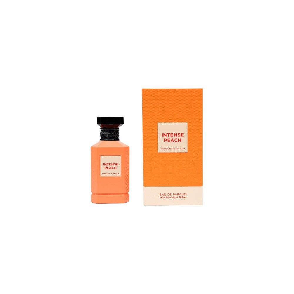 Flasche und Schachtel von Intense Peach Eau de Parfum. Orangefarbene Flasche mit schwarzem Deckel. Orangefarbene Schachtel mit Text.
