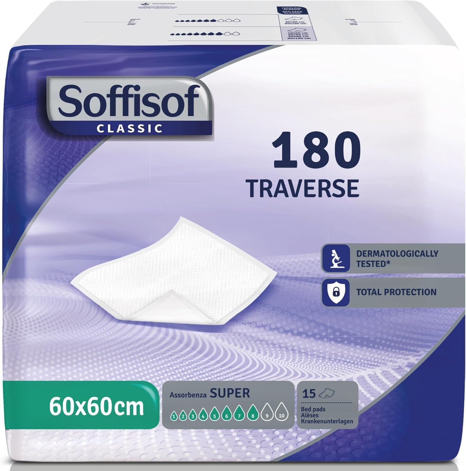 Soffisof Classic Bettunterlage. 60x60cm, 180 Stück. Dermatologisch getestet. Totaler Schutz. Super Saugfähigkeit.
