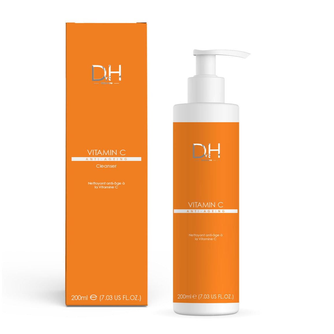 Orangefarbene Verpackung und Flasche mit Pumpe. Aufschrift: D.H. Vitamin C Anti-Aging. Weiße Schrift auf orangefarbenem Hintergrund.